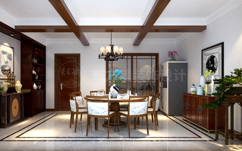 國(guó)奧相鄰雅居輕奢新中式別墅裝修效果圖,餐廳效果圖.jpg